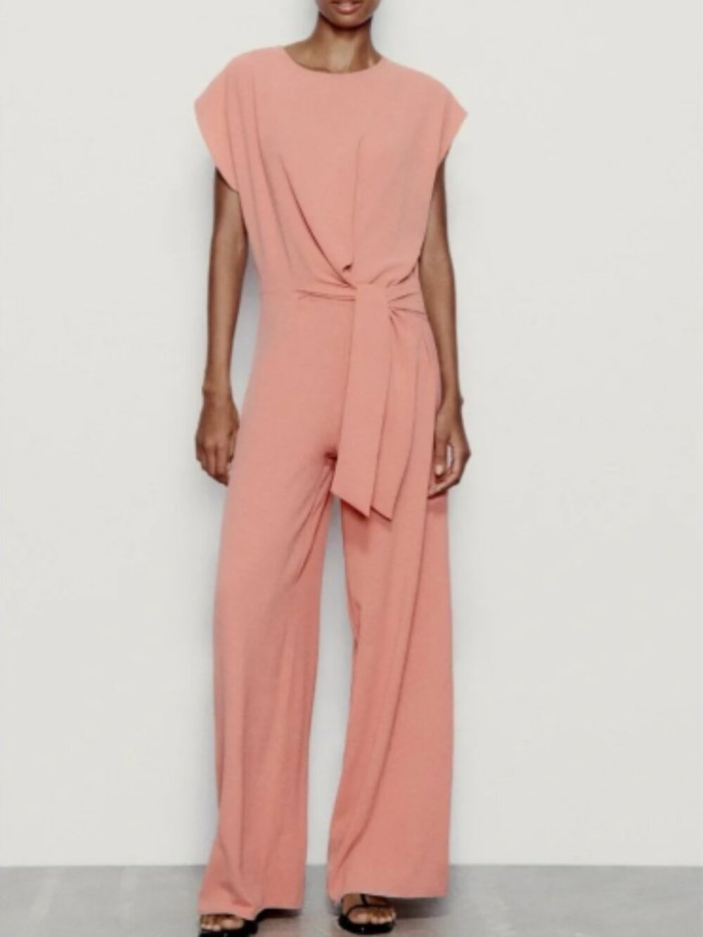 Zara Knotted Front Wide Leg Jumpsuit Dusty Pink Sash Detail